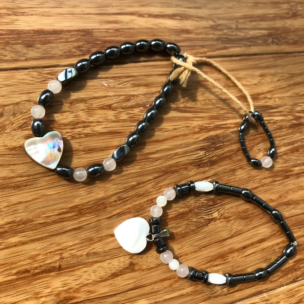 3 piece set girls heart hematite mother of pearl
